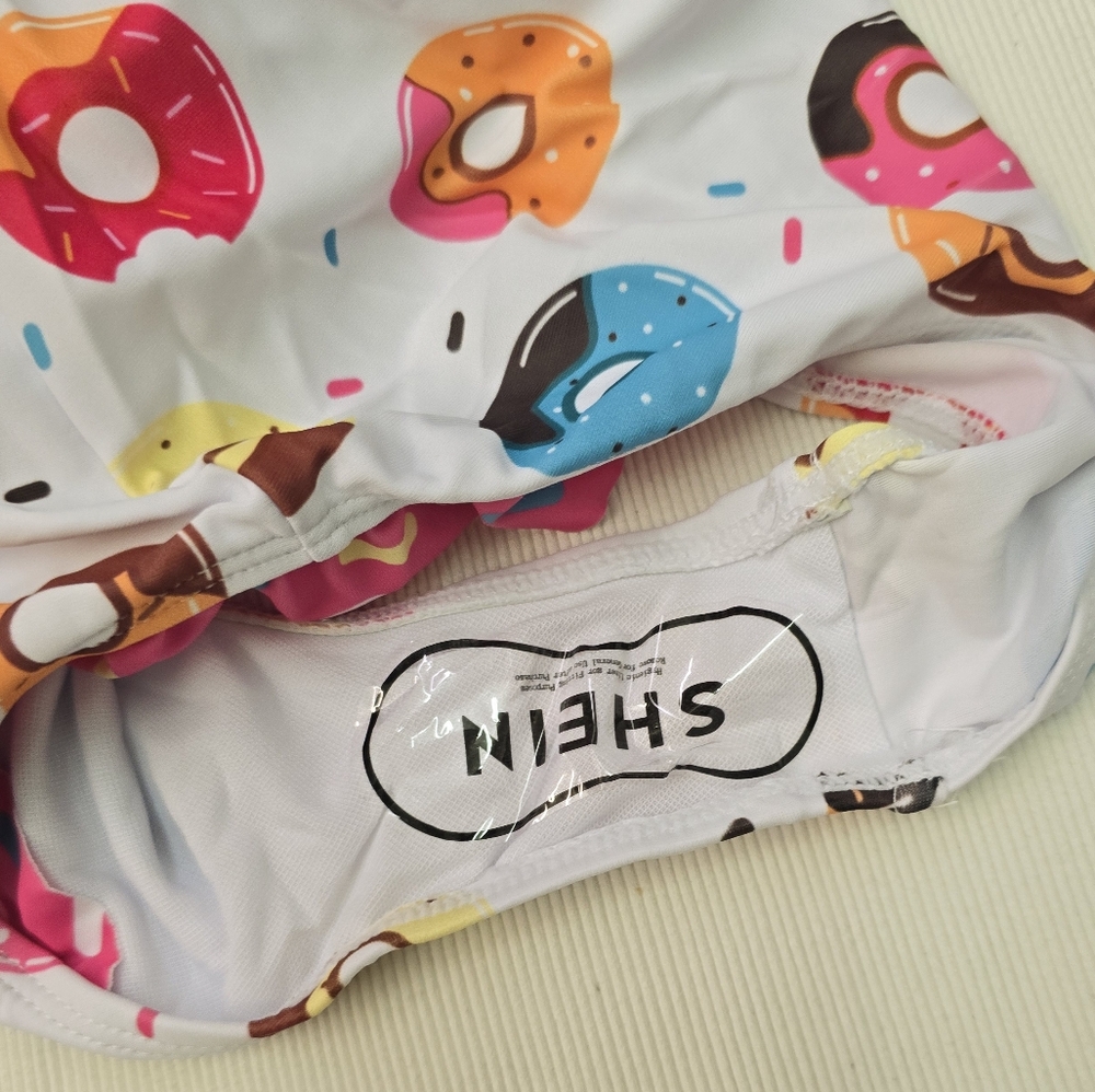 New! Girls Donut Print Long Sleeve Rashguard One-Piece Swimsuit, Pink/White - Picture 6 of 6